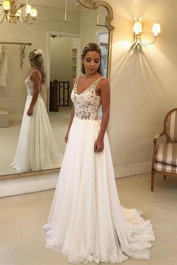 Open Back V-neck Lace Chiffon Wedding Dress by misshow.com
