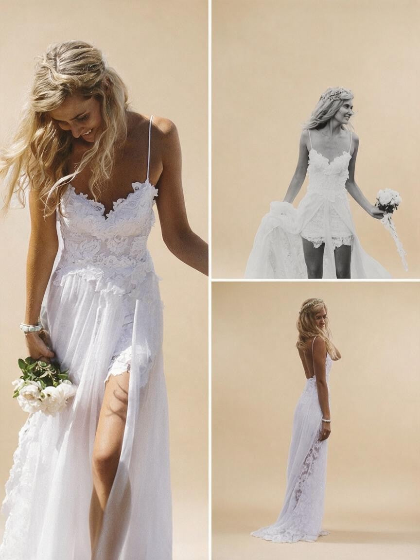 Spaghetti Straps Lace Beach Wedding Dress with Front Split | ZapDress