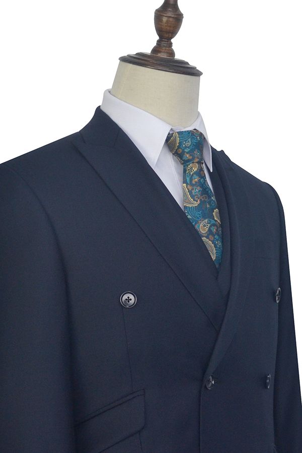 Peak Lapel Double Breasted Business Mens Suits for Formal Three Piece Dark Navy Suits for Men