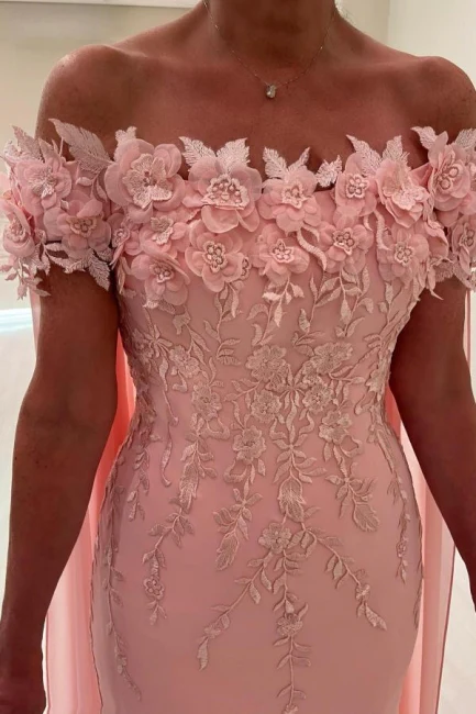 Pearl Pink Off-the-Shoulder Cap sleeves Column Flowers Prom Dresses