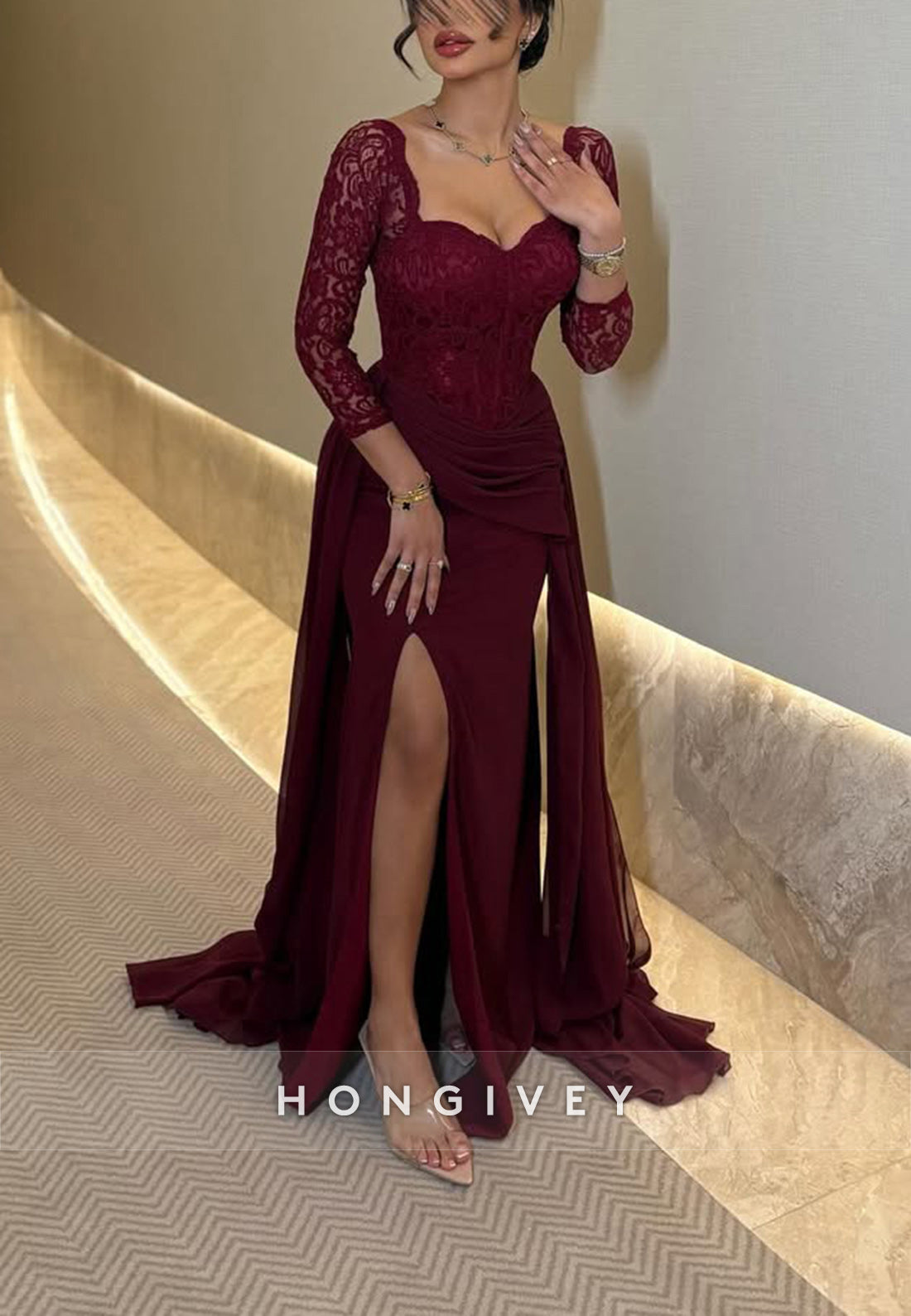 Lace 3/4 Sleeve Side Slit Sweep Train Column Formal Evening Dresses