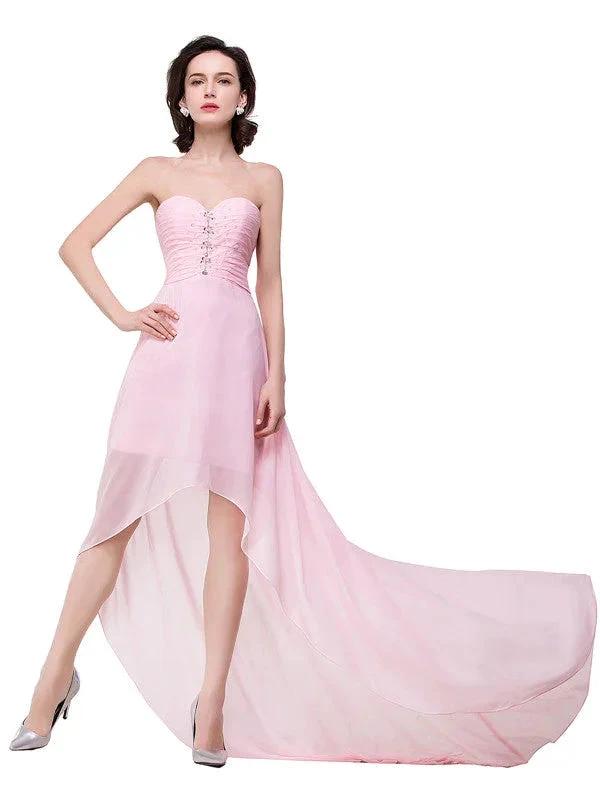 Pink A-line Hi-Lo Sweetheart Ruffle Chiffon Bridesmaid Dresses by misshow.com