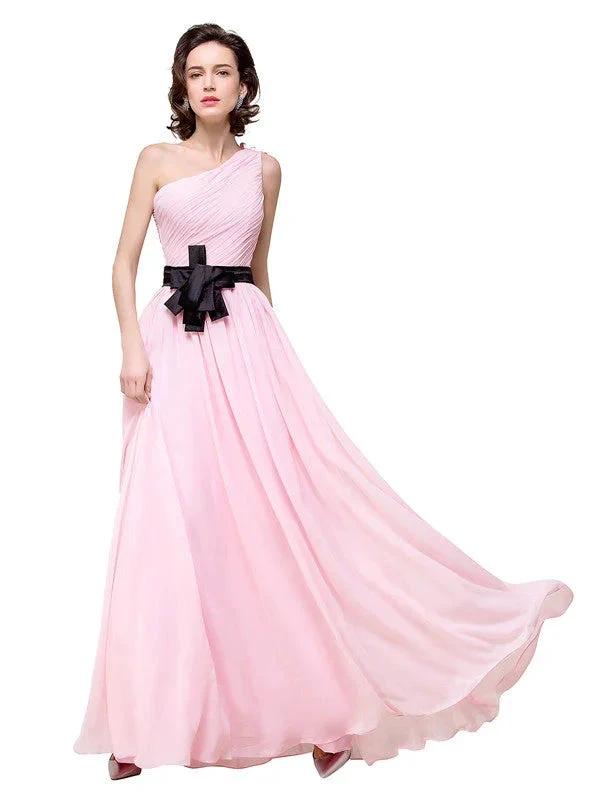 Pink A-line One-shoulder Ruffle Chiffon Bridesmaid Dresses by misshow.com