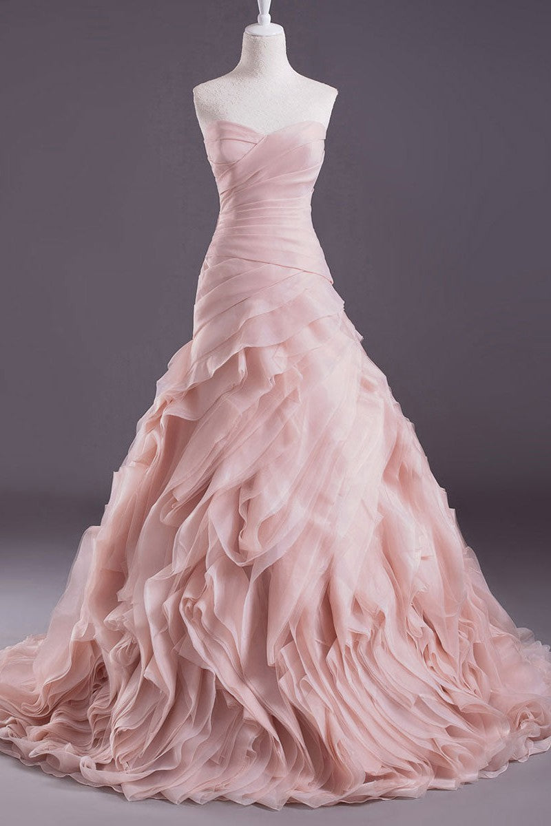 Pink A-Line Strapless Sweetheart Neck Tiered Sweep Wedding Gown