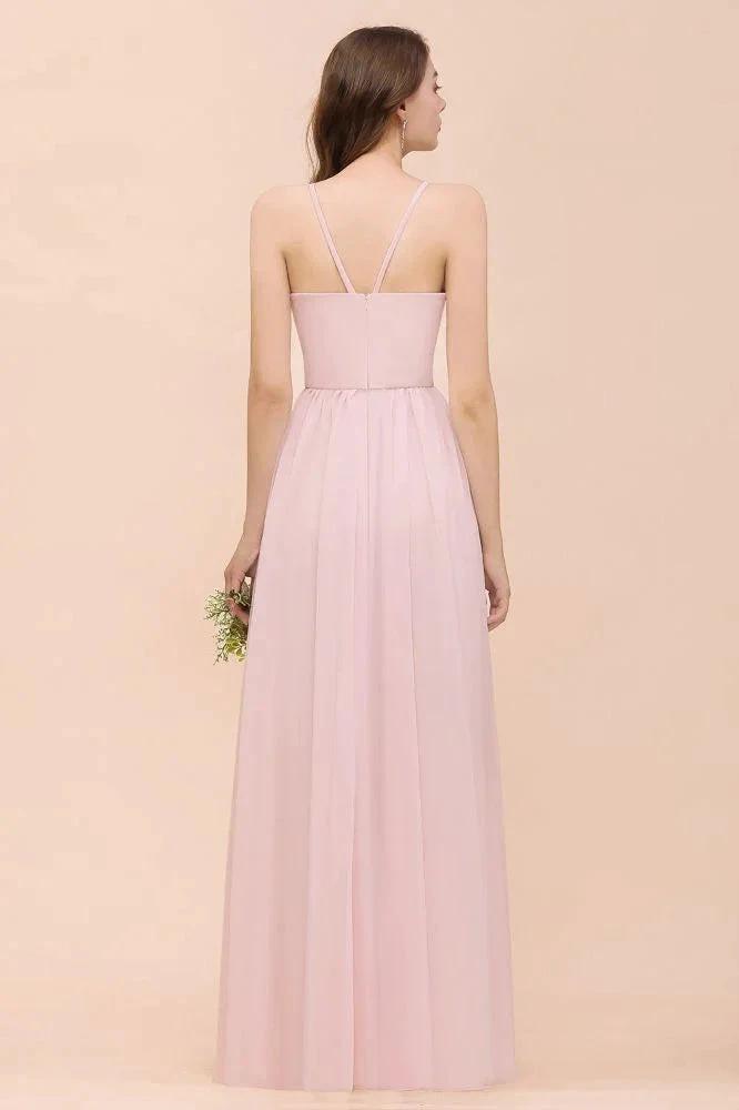 Pink Girls Bridesmaid Dress Halter Floor Length Chiffon Beach Wedding Party Dress (ZD13010)