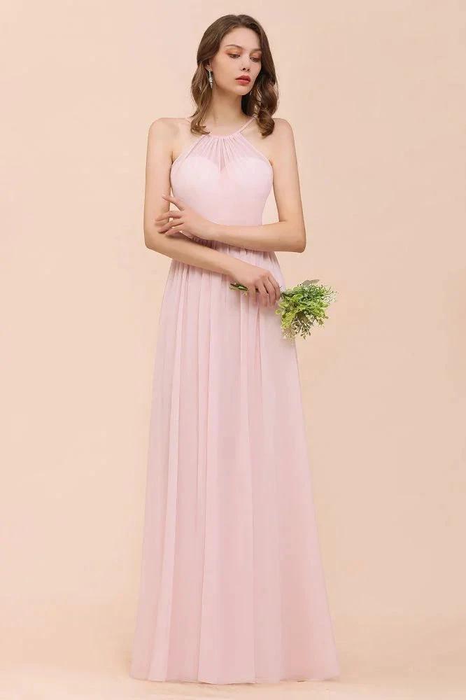 Pink Girls Bridesmaid Dress Halter Floor Length Chiffon Beach Wedding Party Dress (ZD13010)