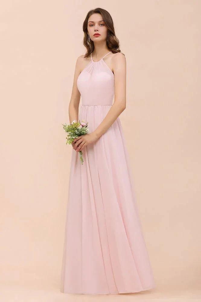 Pink Girls Bridesmaid Dress Halter Floor Length Chiffon Beach Wedding Party Dress (ZD13010)