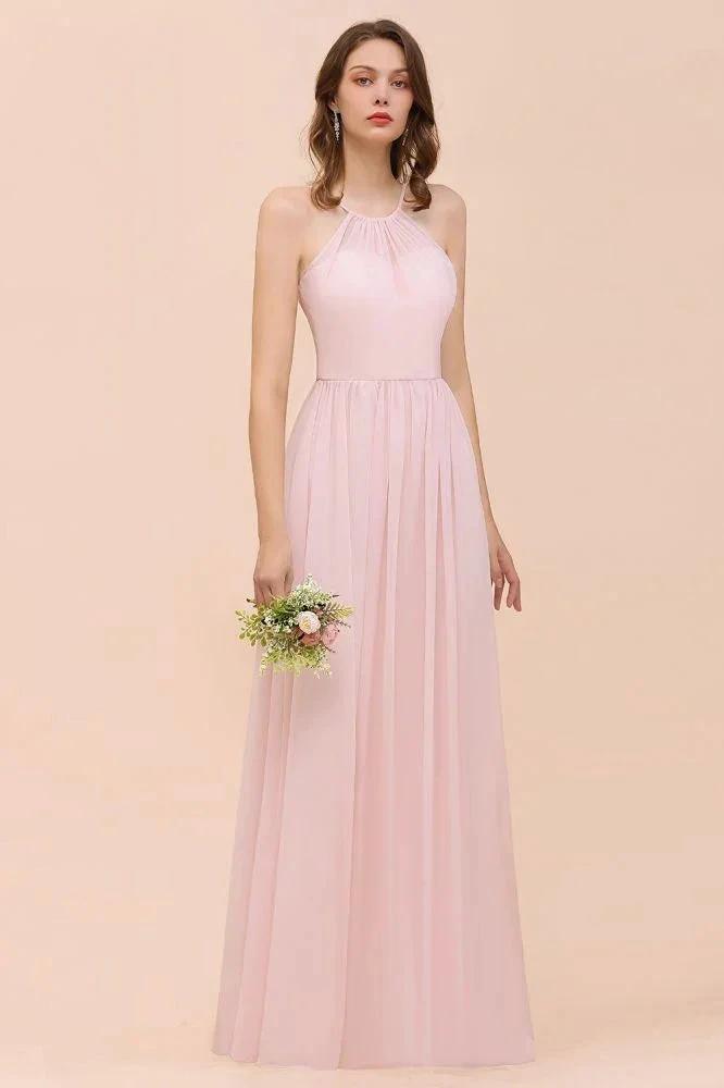 Pink Girls Bridesmaid Dress Halter Floor Length Chiffon Beach Wedding Party Dress (ZD13010)