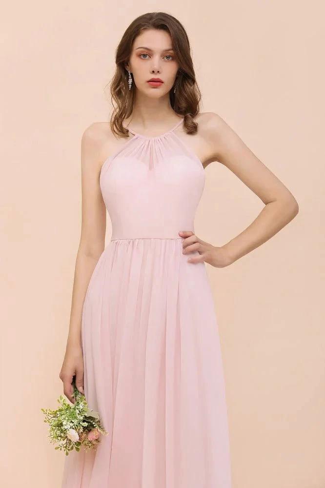 Pink Girls Bridesmaid Dress Halter Floor Length Chiffon Beach Wedding Party Dress (ZD13010)