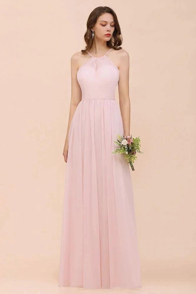 Pink Girls Bridesmaid Dress Halter Floor Length Chiffon Beach Wedding Party Dress (ZD13010)