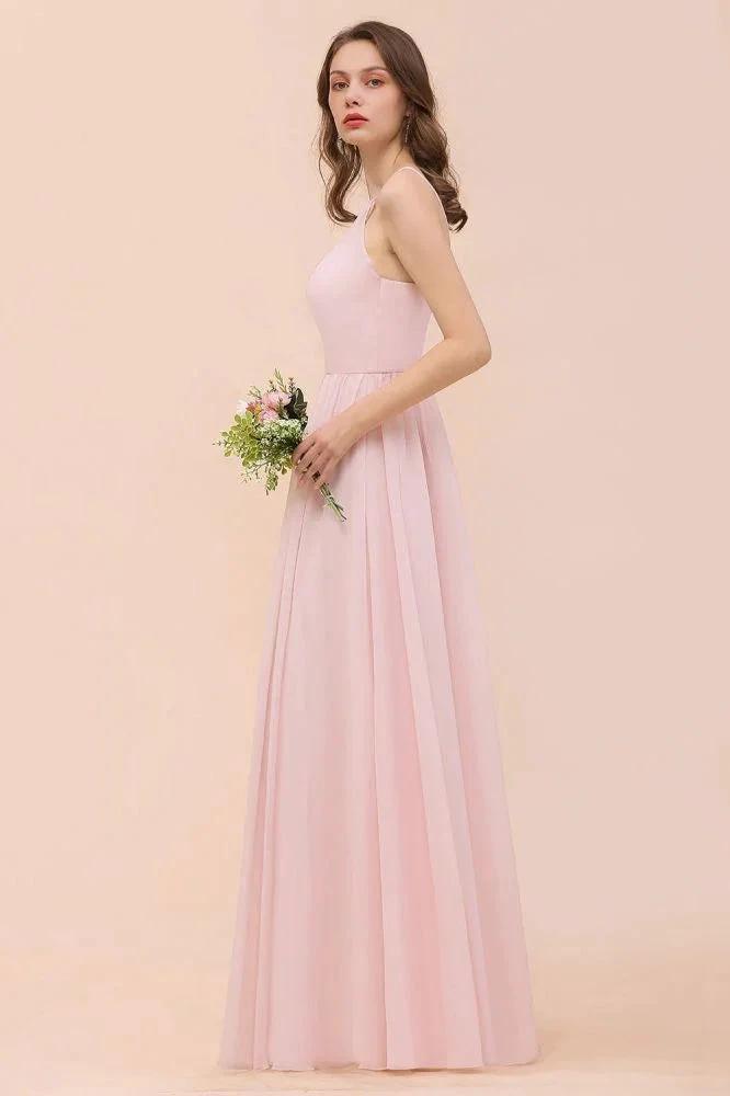 Pink Girls Bridesmaid Dress Halter Floor Length Chiffon Beach Wedding Party Dress (ZD13010)