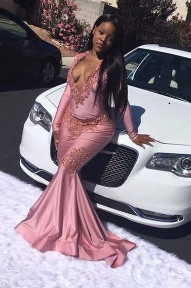 Pink Mermaid Long Sleevess V-Neck Floor-Length Prom Dresses