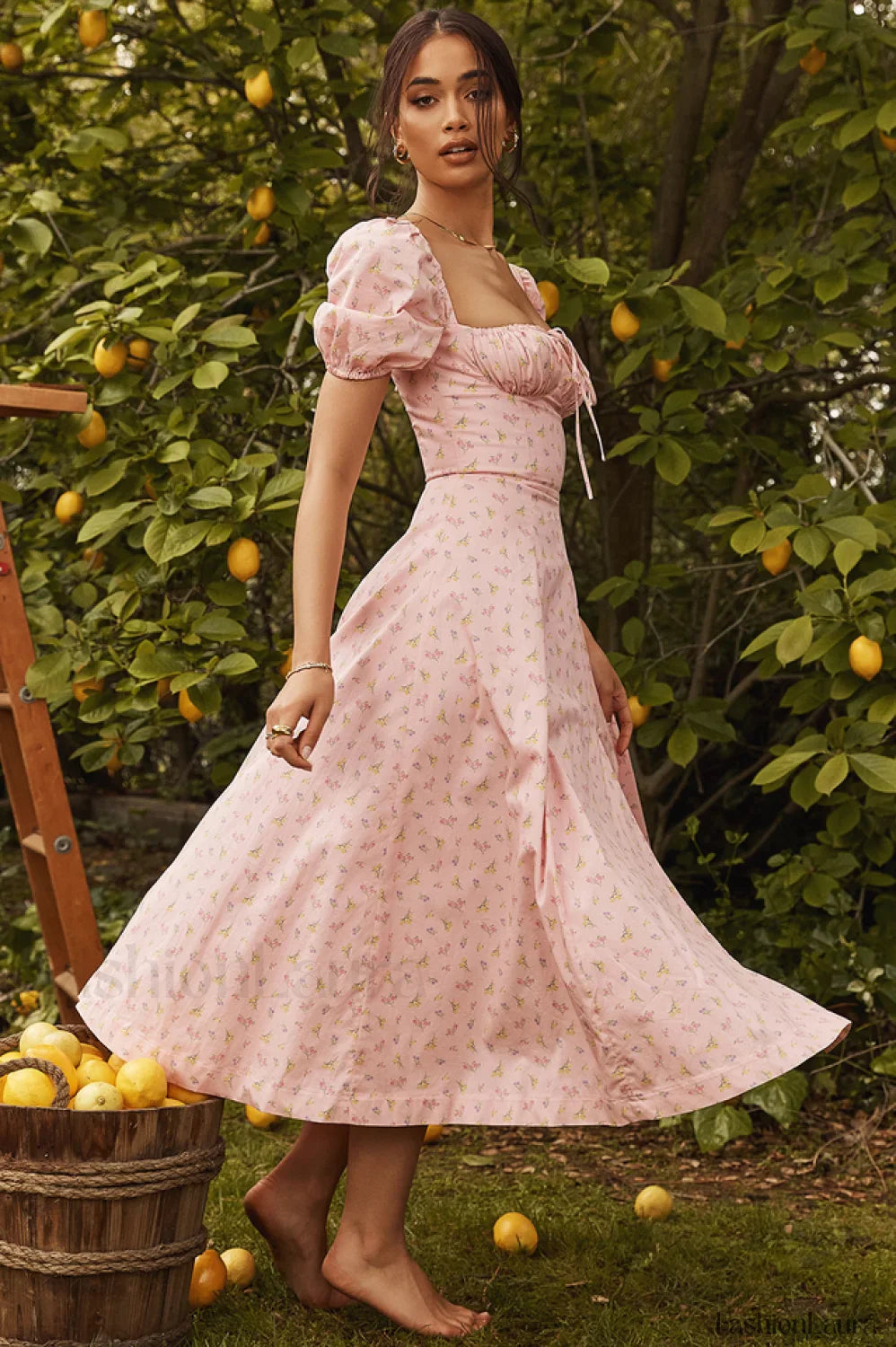 Pink Printed Puff Charming Sleeve Midi Dress