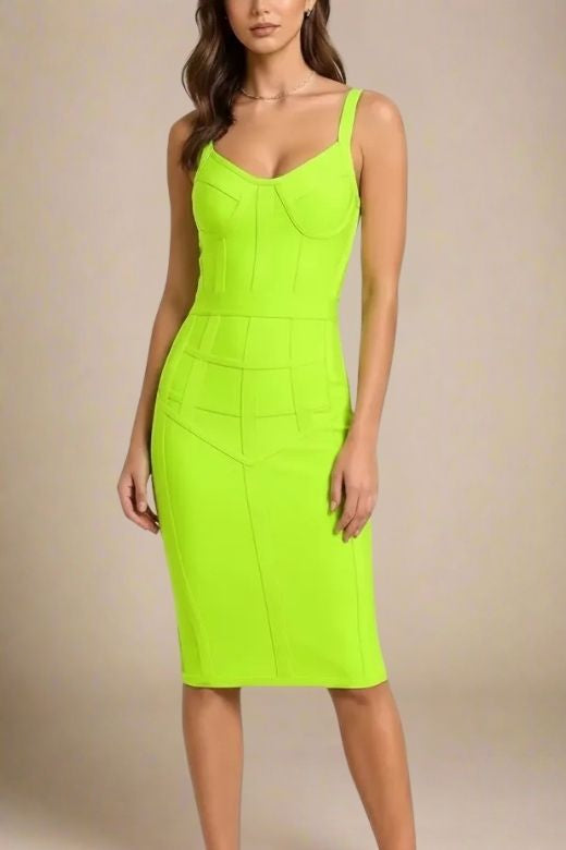 Woman wearing a figure flattering  Pip Bandage Corset Dress - Neon Green Bodycon Collection