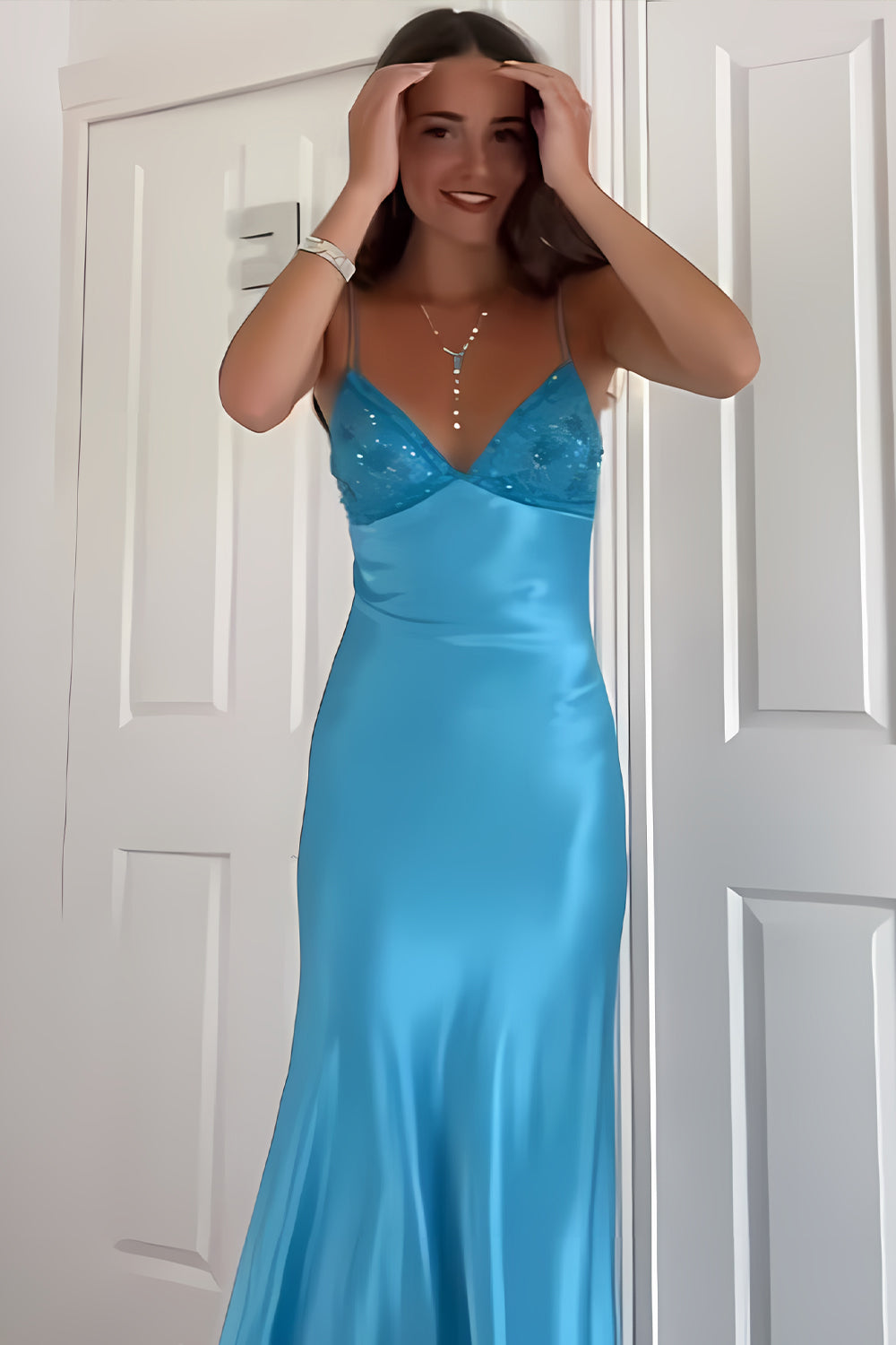 Stylish Sheath Spaghetti Straps Blue Long Prom Dress with Backless