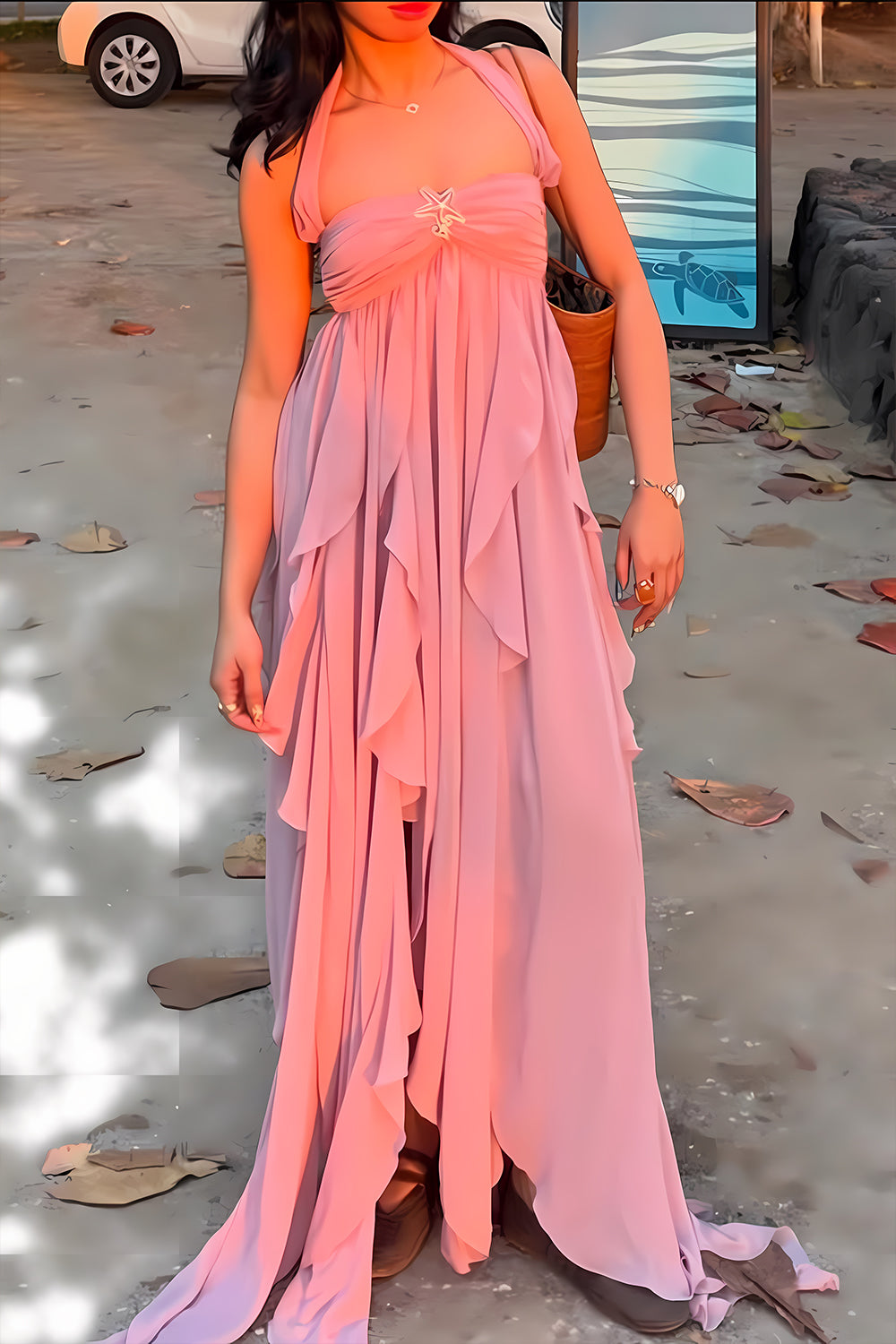 Chic A-Line Halter Neck Pink Long Prom Dress with Ruffles - FashionDia