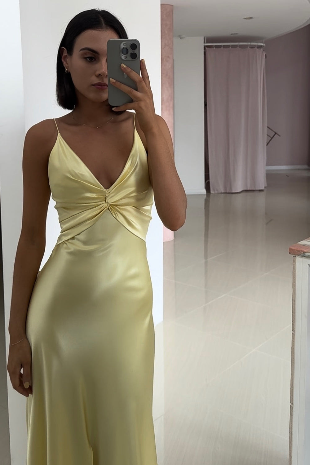 Chic A Line Spaghetti Straps Yellow Long Party Dress with Split Front