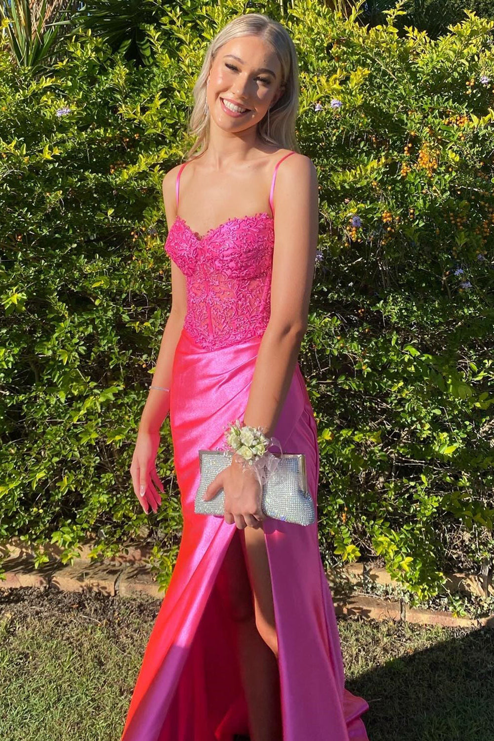 Gorgeous Mermaid Spaghetti Straps Fuchsia Long Prom Dress with Appliques - View 3 | FashionDia