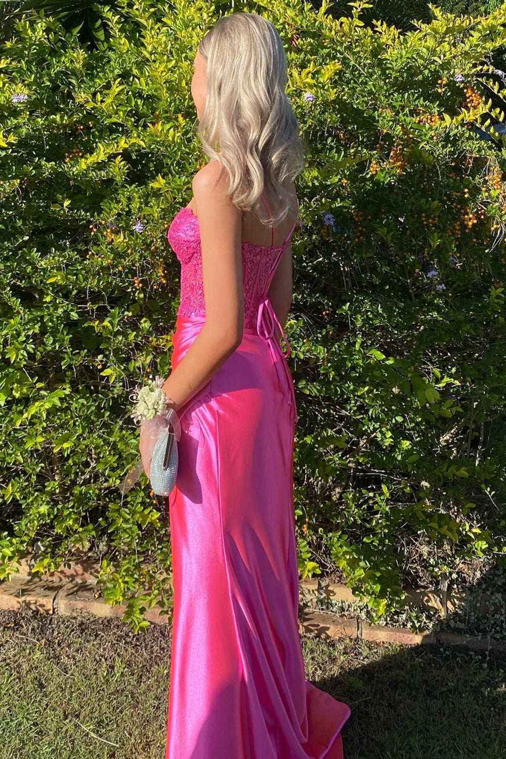 Gorgeous Mermaid Spaghetti Straps Fuchsia Long Prom Dress with Appliques - View 2 | FashionDia