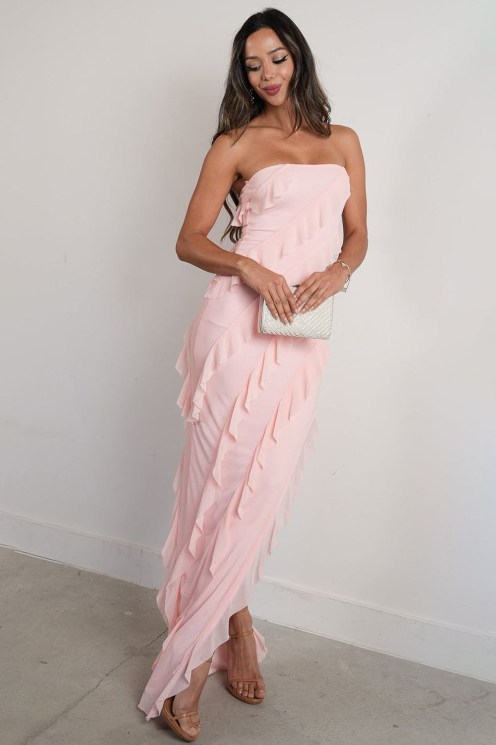 Fashion Sheath Strapless Pink Long Prom Dress with Ruffles