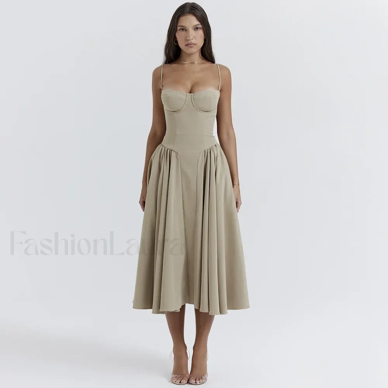 Pleated Spaghetti Strap Midi Dress Khaki / S