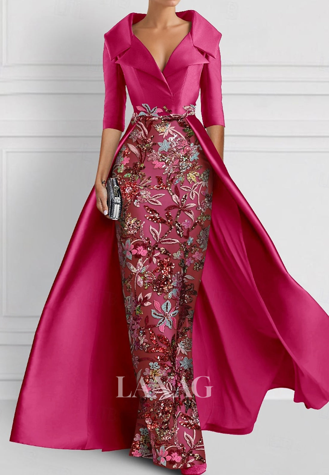 V-Neck Half-Sleeves Pleated Party Gowns Applique Embroidered Mermaid Wedding Guest Dress with Overskirt