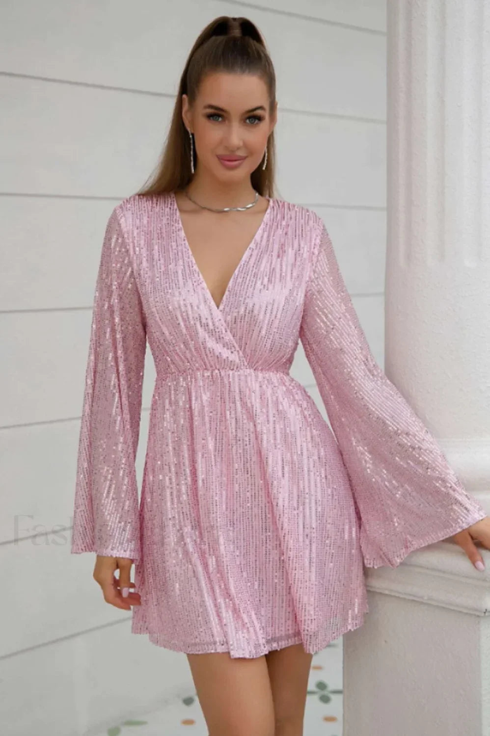 Plunging Neck Stylish Sequin Dress