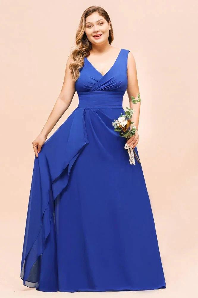 Plus Size Chiffon Sleeveless Royal Blue Bridesmaid  Dress V-neck Simple Wedding Dress (ZD12967)