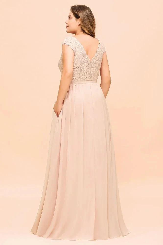 Plus Size Lace Pearl Pink Bridesmaid Dress Short Sleeves Side Split Wedding Party Dress (ZD12982)