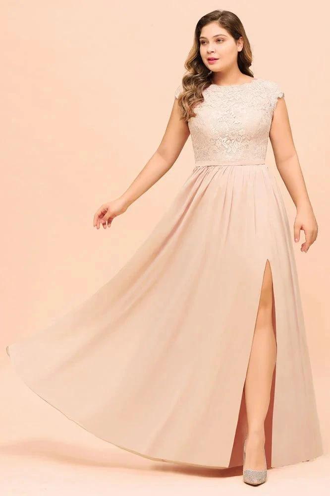Plus Size Lace Pearl Pink Bridesmaid Dress Short Sleeves Side Split Wedding Party Dress (ZD12982)