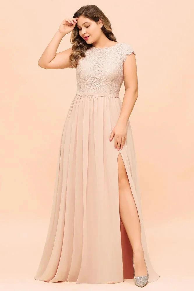 Plus Size Lace Pearl Pink Bridesmaid Dress Short Sleeves Side Split Wedding Party Dress (ZD12982)