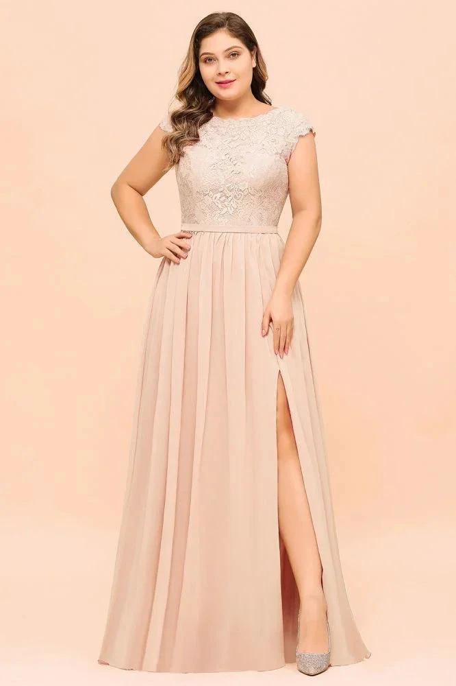 Plus Size Lace Pearl Pink Bridesmaid Dress Short Sleeves Side Split Wedding Party Dress by misshow.com