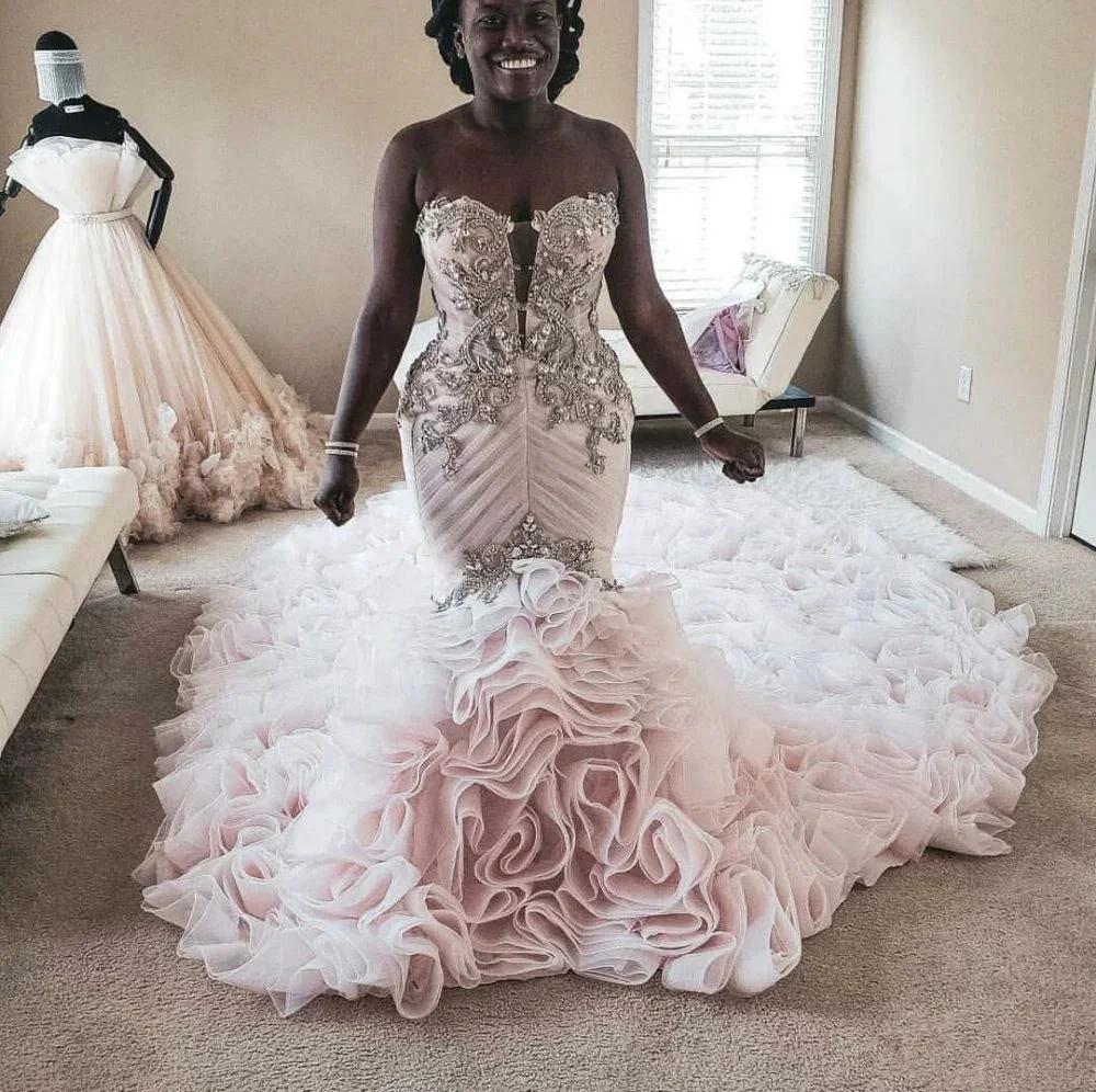 Plus Size Mermaid Crystal Lace Beads Sweetheart Long Train African Custom Made Ruffless Wedding Dress (ZD13823)