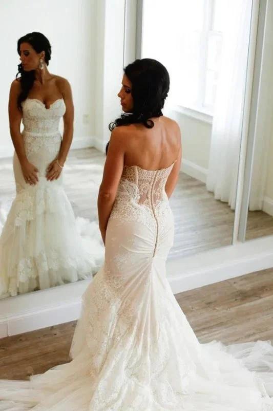 Plus Size Sweetheart Pretty Mermaid Backless Tiered Lace Tulle Elegant Wedding Dresses (ZD16581)