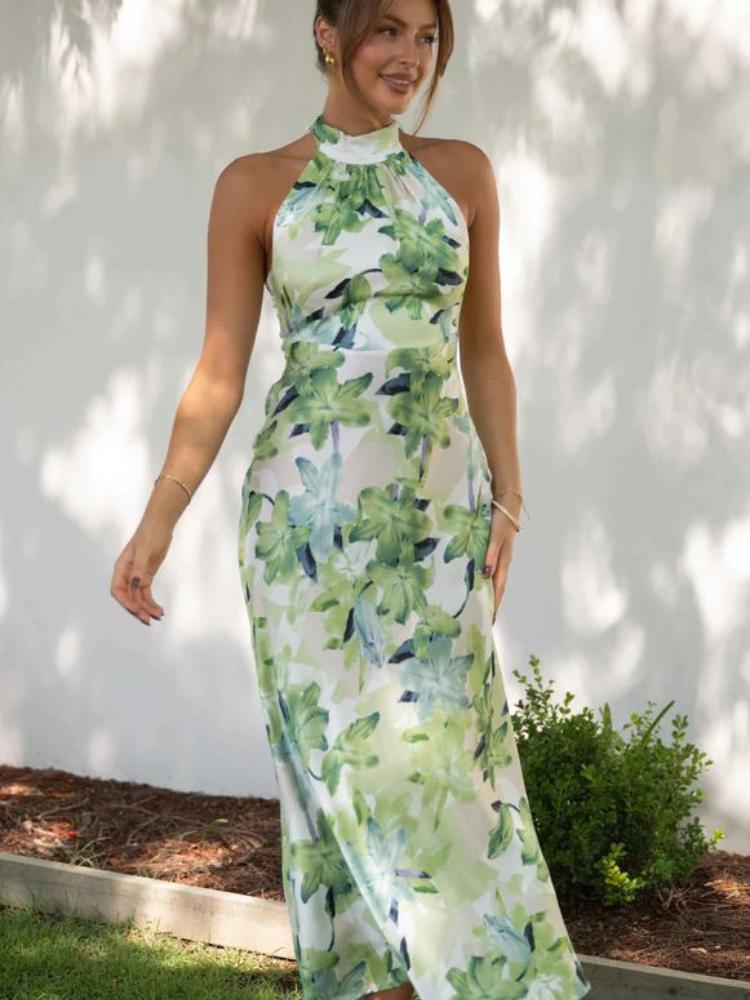 Timeless Renata Printed Halterneck Midi Dress in Backless Satin Statement Occasion Edit