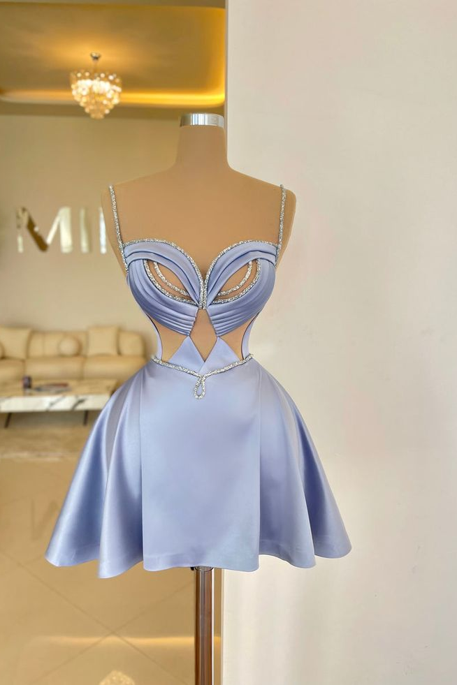 Popular Spaghetti-Straps Satin Sweetheart Homecoming Dresses Sleeveless Mini Prom Dress