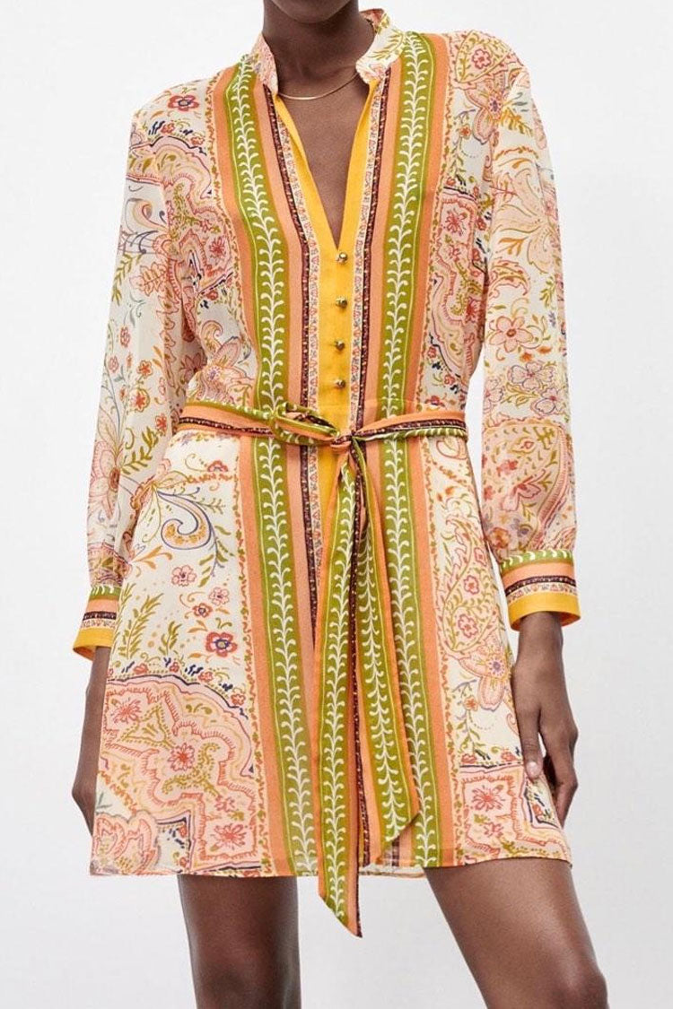 Prairie Collared V Neck Paisley Printed Chiffon Shirt Mini Dress - Floral