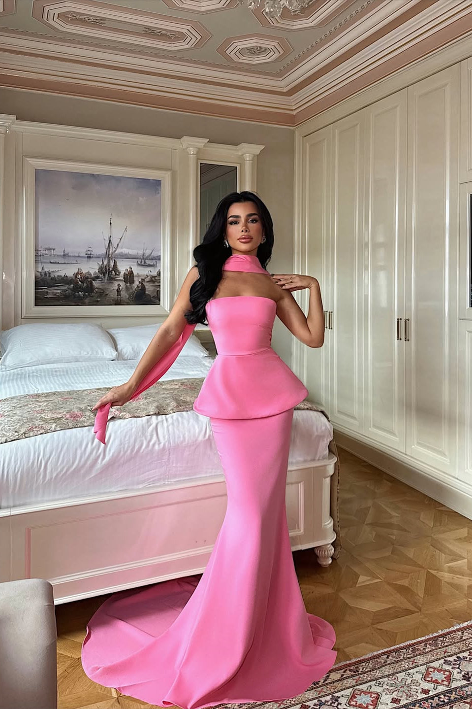 Pretty Flamingo Strapless Sleeveless Satin Mermaid Prom Dress Two Pieces Set