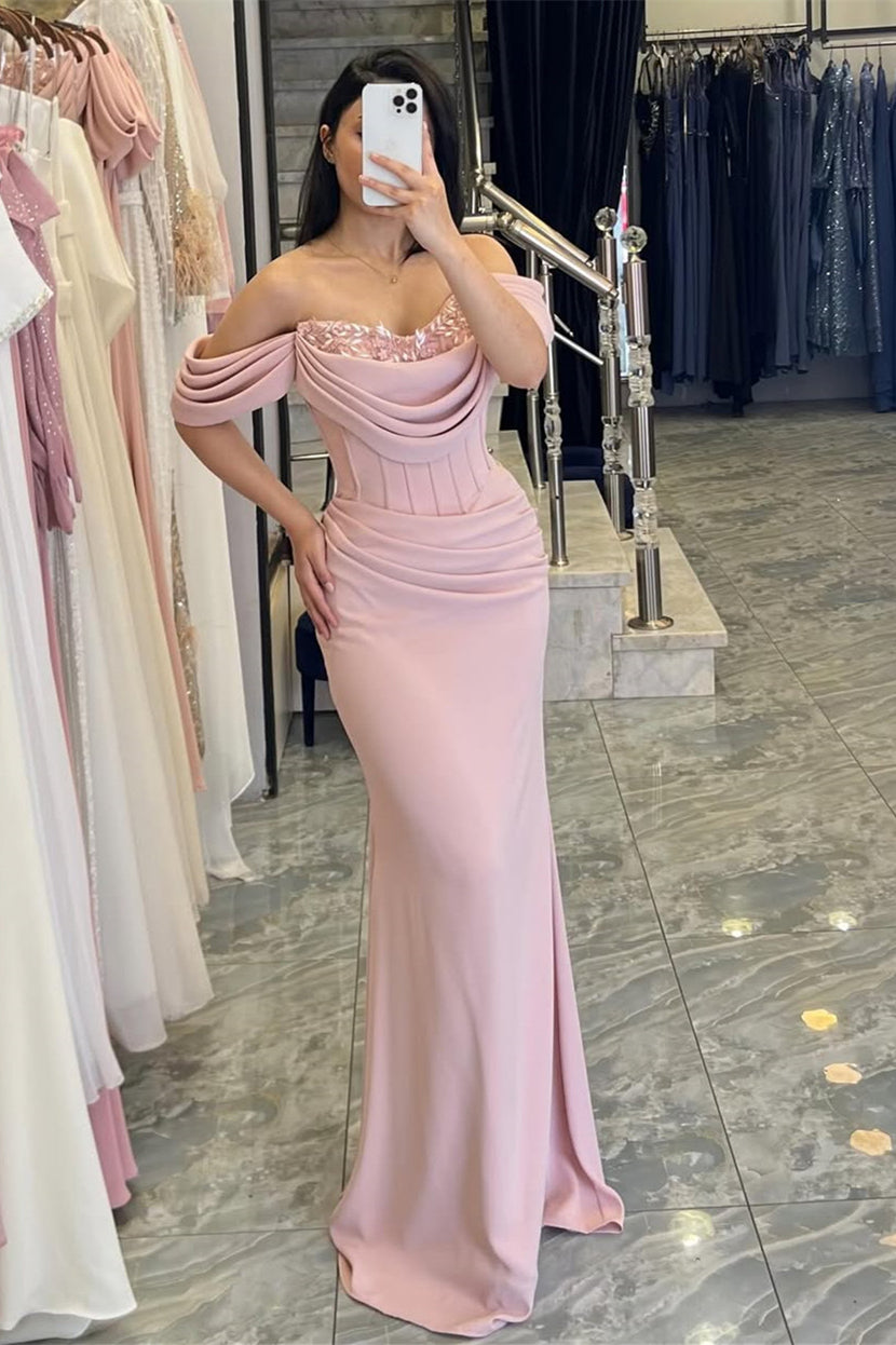 Pretty Pink Mermaid Off-The-Shoulder Satin Prom Dresses Sweetheart Sleeveless With Beads Pleats