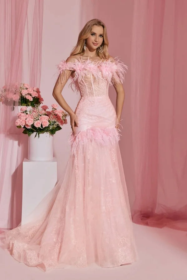 Pretty Pink Off-The-Shoulder Tulle Prom Dresses Sheath With Feather Pleats