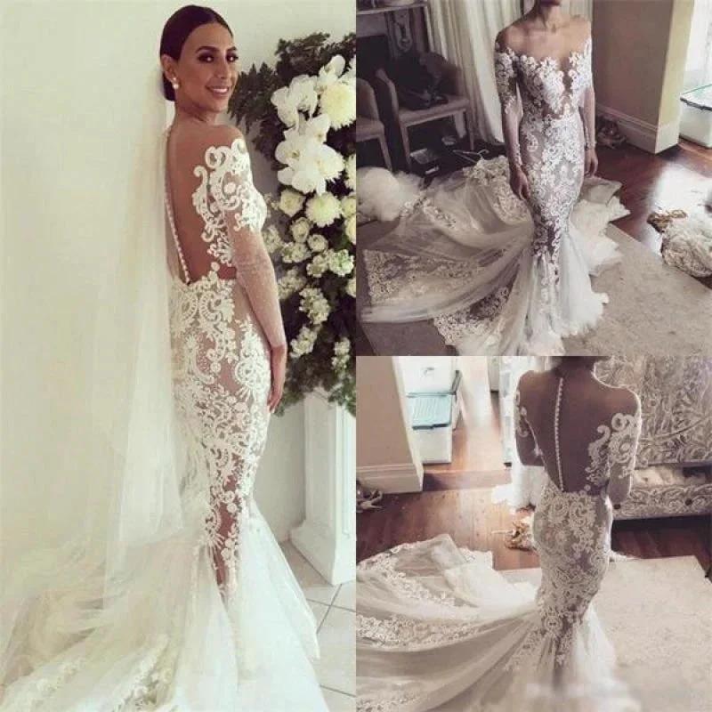 Pretty Pretty Mermaid Lace Appliques Long Sleeves Sheer Tulle Elegant Wedding Dresses (ZD14732)