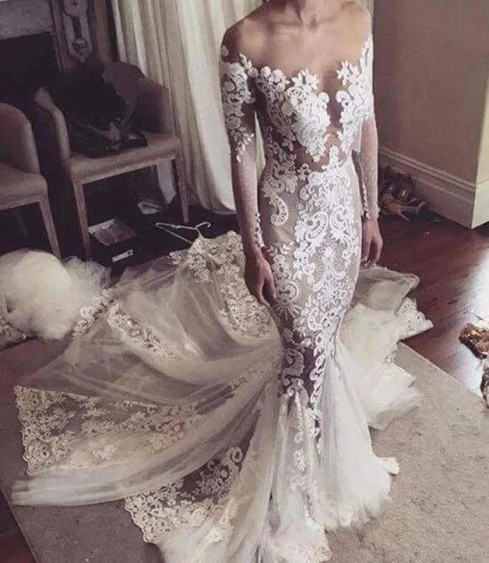 Pretty Pretty Mermaid Lace Appliques Long Sleeves Sheer Tulle Elegant Wedding Dresses (ZD14732)