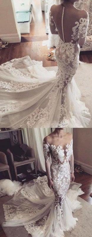 Pretty Pretty Mermaid Lace Appliques Long Sleeves Sheer Tulle Elegant Wedding Dresses (ZD14732)