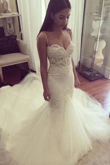 Pretty Spaghetti-Straps Sweetheart Wedding Dress Summer Sheath Tulle Bridal Gown (ZD13851)