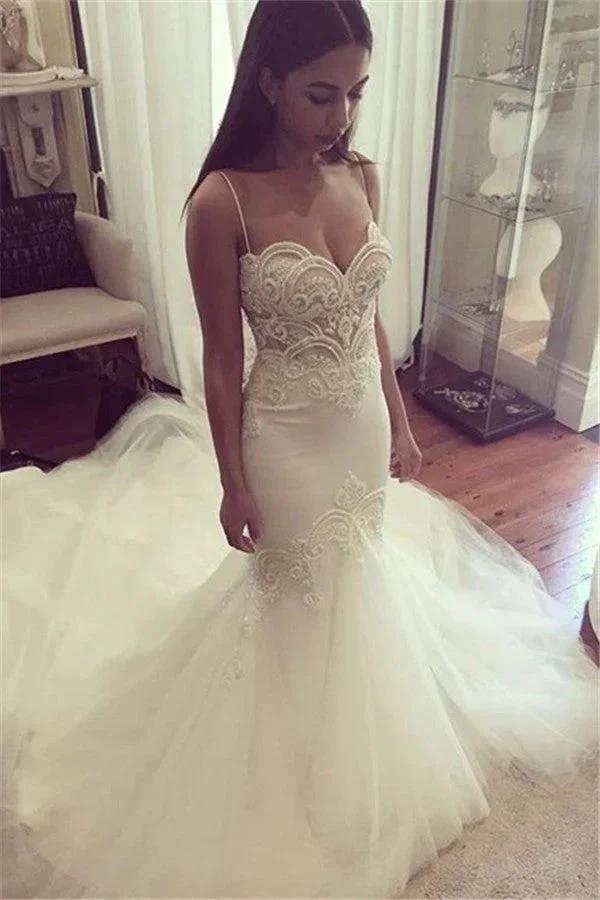 Pretty Spaghetti-Straps Sweetheart Wedding Dress Summer Sheath Tulle Bridal Gown (ZD13851)