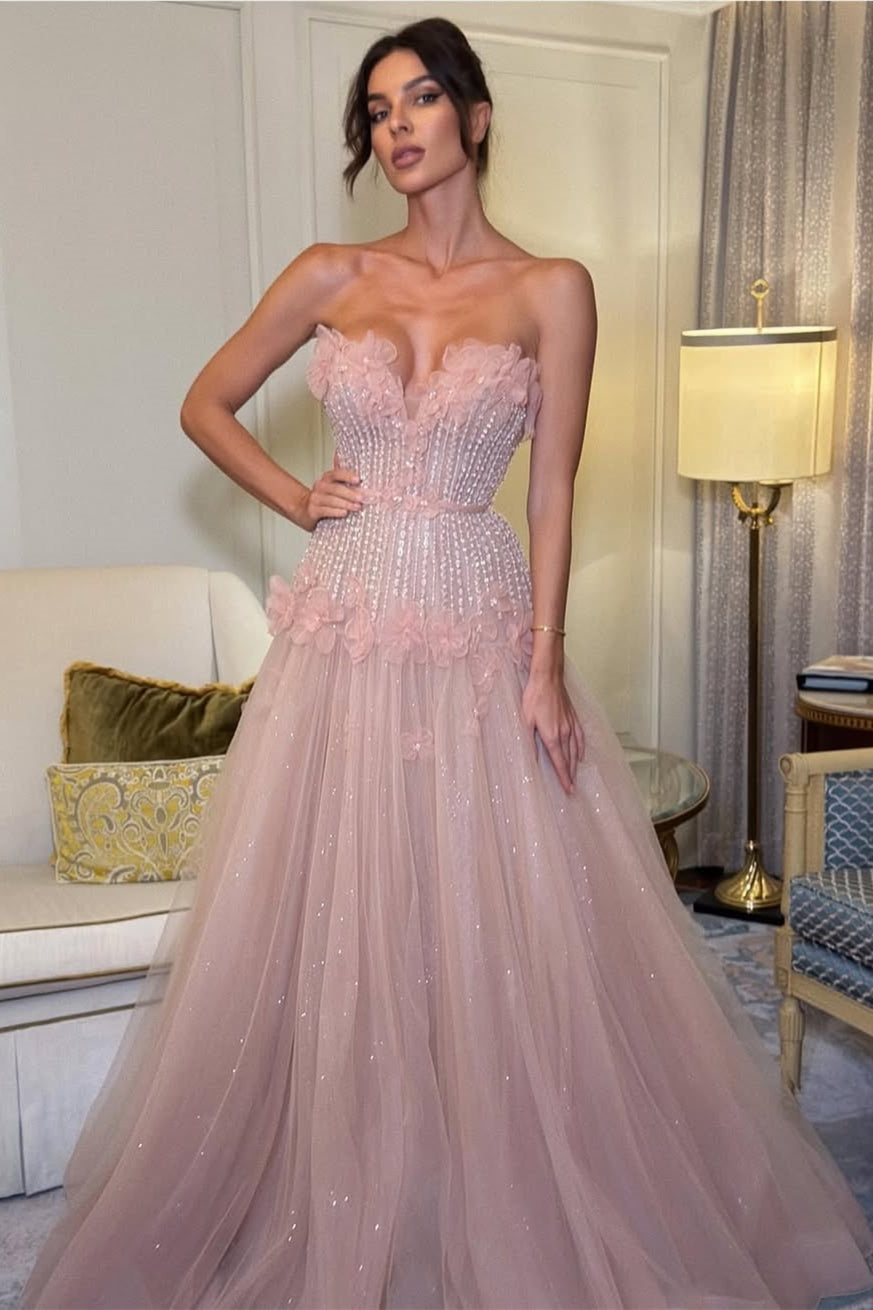 Pretty V-Neck Strapless Sleeveless Tulle Prom Dresses A-Line Beads With Lace-Up Back Flower