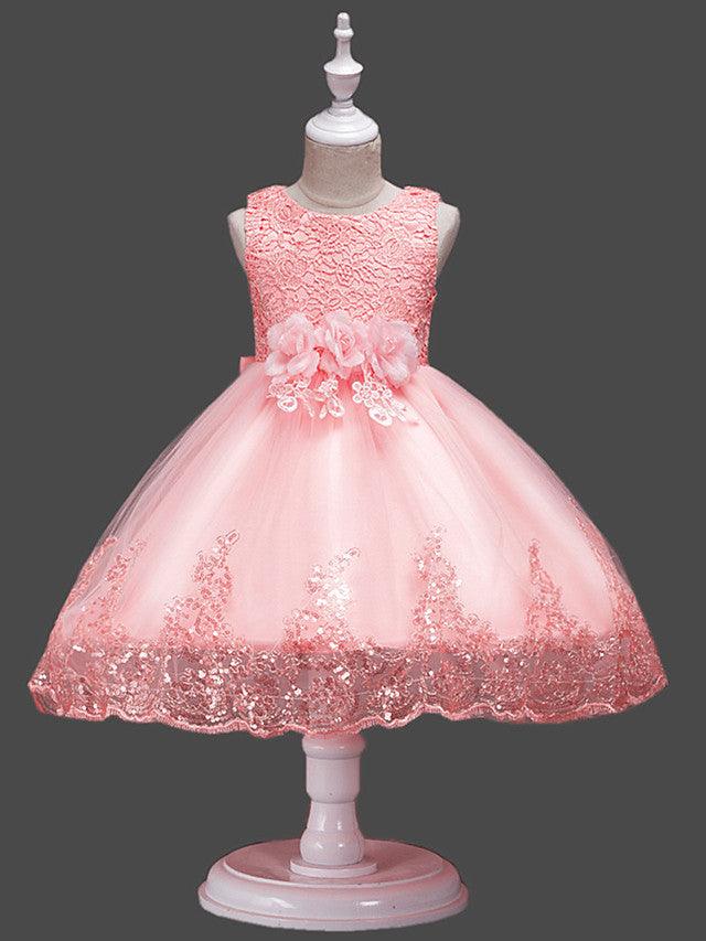 Princess Lace Tulle Sleeveless Jewel Neck Wedding Birthday Flower Girl Dresses