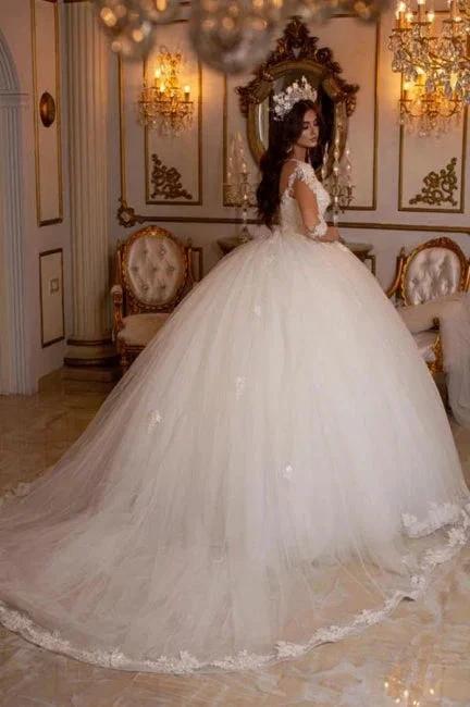 Princess Long A-line V-neck Lace Wedding Dresses With Long Sleeves (ZD14985)