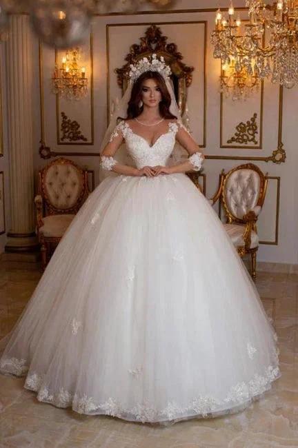 Princess Long A-line V-neck Lace Wedding Dresses With Long Sleeves (ZD14985)