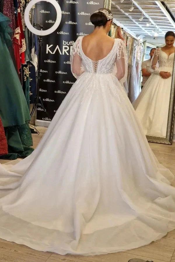 Princess Long V-neck A-line Lace Wedding Dresses With Long Sleeves (ZD14841)